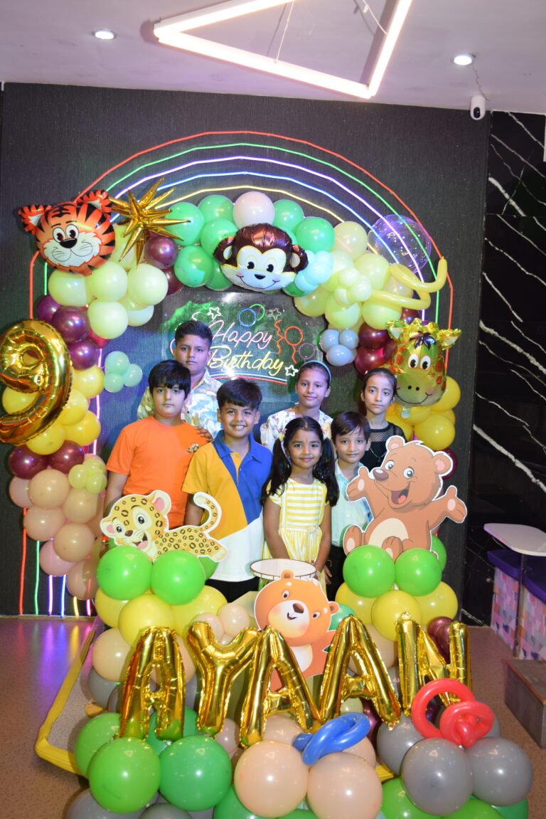 Jungle safari theme birthday party hall decoration at Unplug Kids Jind