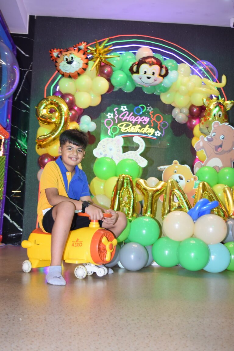 Jungle safari theme birthday party hall decoration at Unplug Kids Jind