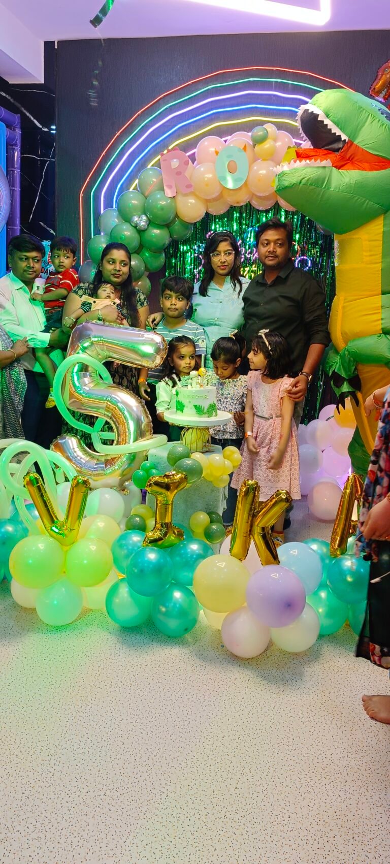 Dinosaur theme kids birthday party with dino mascot at Unplug Kids Jind