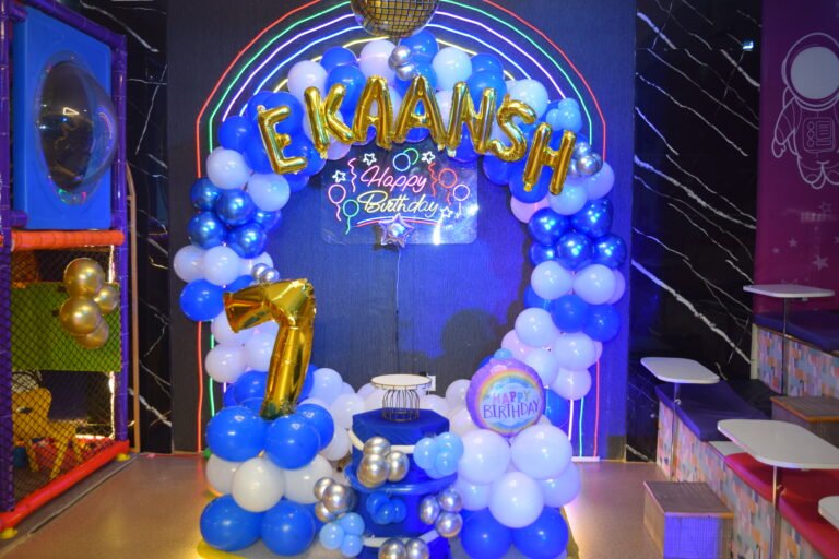 Decorated party stage for events at Unplug Kids Jind